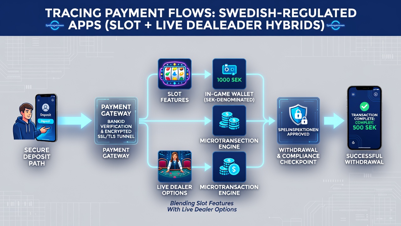 Diagram of payment flow tracing between slots and live dealer modules in a Swedish app